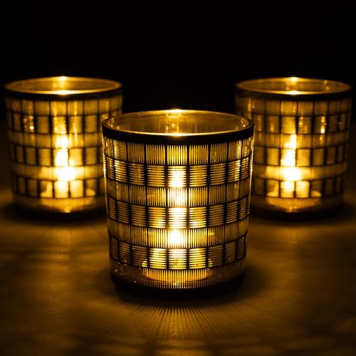 Romcanmy Tea Light Candle Holders Set of 3, Vintage Woven Pattern Glass Candle Holder for Table Centrepiece, Elegance Gold and Black Tealight Holders for Birthday, Anniversary, Christmas, Party, 7×8CM