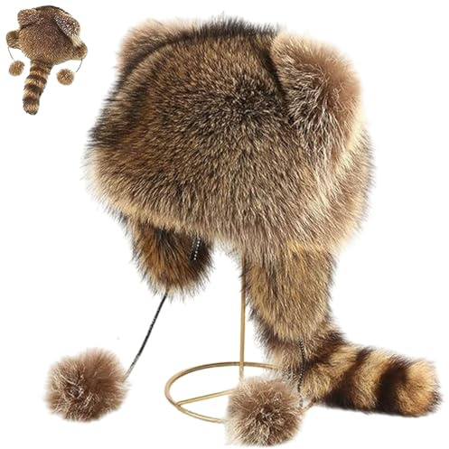 Generisch Gorros de peluche de racoon de invierno, gorro de racoon con cola, gorro cálido de piel sintética con solapa para orejas de animales, gorro suave para niños y adultos, para niños y adultos