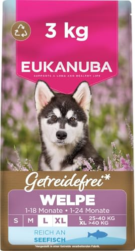 EUKANUBA Cibo secco per Cuccioli senza cereali con pesce per razze di taglia grande - Alimento secco premium privo di cereali per Cani giovani, 3 kg