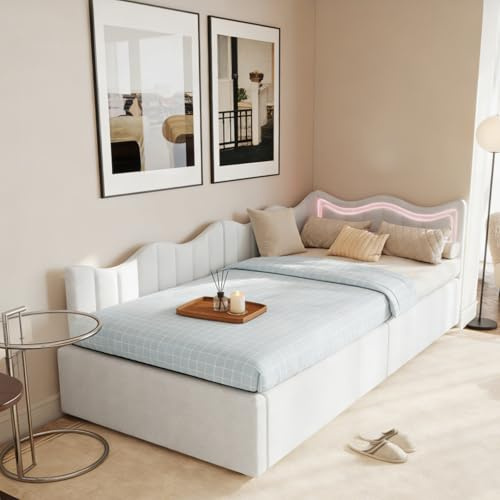 AZJSAHAH Cama tapizada individual de 90 x 200 cm, cama infantil con sofá cama LED con somier de láminas, almacenamiento hidráulico, cama juvenil con espacio de almacenamiento, cama multifunción