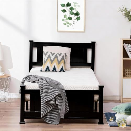 Bonnlo Twin Size Solid Wood Platform Bed Frame, Single Bed with Headboard, No Box Spring Needed Panel Bed, Wood Slat Support Mattress Foundation,Black