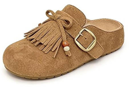 Hxprnoetxy Zuecos de gamuza con borlas para mujer, cómodos, sin cordones, con plataforma, puntera cerrada, sandalias planas para mujer, color marrón