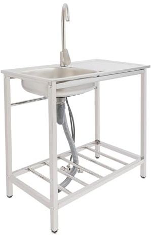 1 évier, 75 x 40 x 78 cm, pour extérieur, avec établi, étagère de rangement, robinets d'eau froide et chaude, capacité de charge 40 kg, lavabo de cuisine, en acier inoxydable