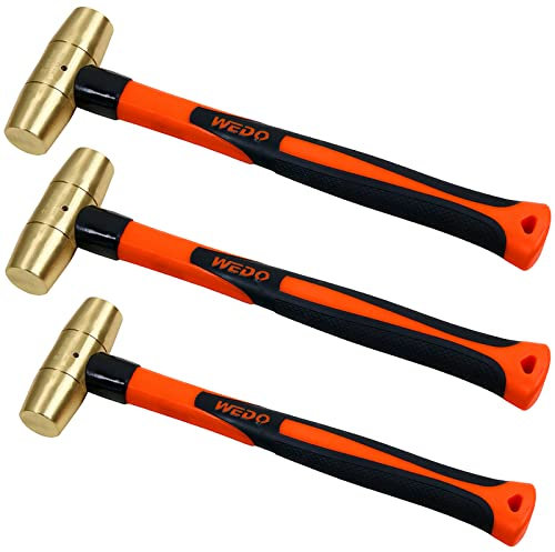 WEDO 3PCS Brass Hammer Set,1lb,1-1/2lb,2lb,Sledge Hammer Kit,Solid Brass Mallet Hammer,Fiberglass Handle,Corrosion Resistant, DIN Standard, Die-Forged
