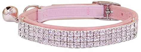 THAIN Rhinestones Cat Dog Collar Soft Velvet Safe Adjustable Collar Bling Diamante with Bells, 8-11 inch for Small Dogs and Cats (Pink)