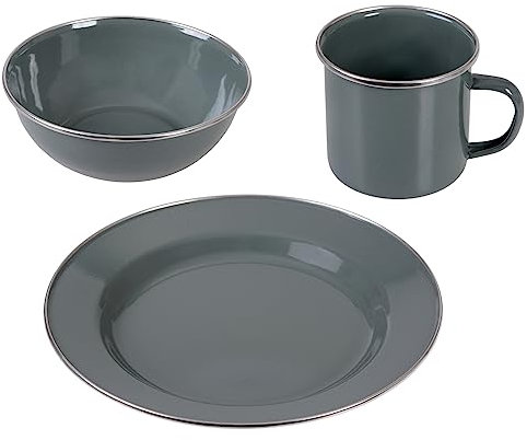 GRÄWE Emaille Camping Geschirr Set in Grau - Teller, Schüsseln, Becher mit Henkel für Outdoor-Erlebnisse, Ideal für Camping und Picknick