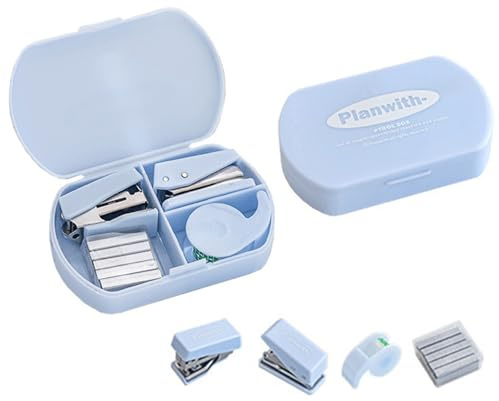 Mini Strip 3-in-1 Multi-Functional Portable Stapler - 12 Sheet Capacity, 500 Staples, Hole Punch, Tape Dispenser (Blue)