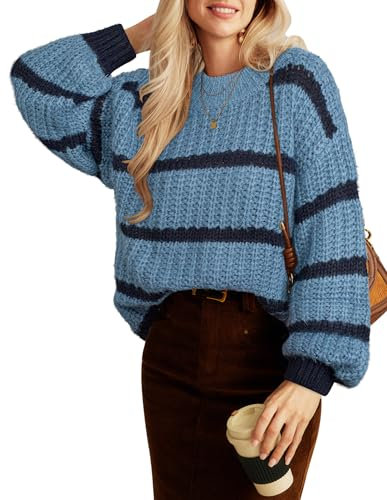 GRACE KARIN Damen Pullover Langarm Strickpullover Crochet Elegant Festliche Oberteile Blau Streifen L