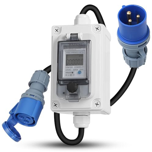 SWAWIS Medidor Digital Portátil de Electricidad 230V IP67 con enchufe CEE Contador de Consumo Eléctrico Portátil para Exteriores KWH Enchufe para Autocaravanas, Vehículos Eléctricos y Hogares