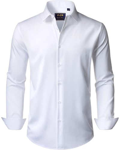 J.VER Men White Dress Shirt Stretch Long Sleeve Formal Shirt Solid Business Casual Button Down Shirts for Wedding Prom