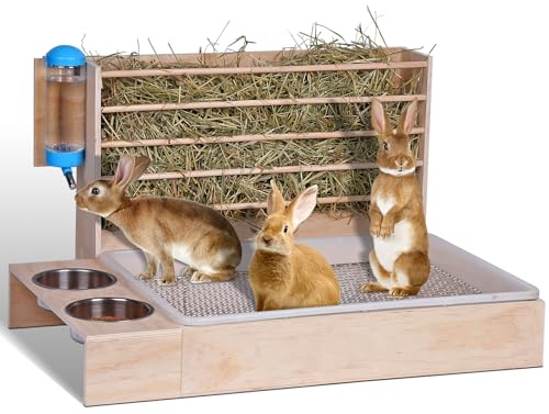 MOGOULUA 4 in 1 Groß Heuraufe Kaninchen Holz Futterspender Heu Kaninchen mit Katzentoilette Wasserflasche Futternäpfe für Hamster Hölzerner Hasenfutterautomat Heuhaltergestell für kleine Haustiere