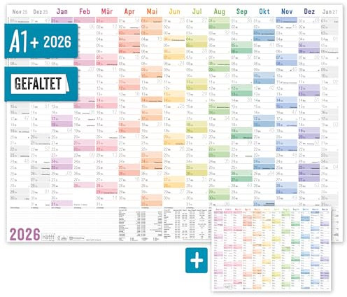 Häfft® XXL Wandkalender 2026 groß A1 + quer (89 x 63 cm), gefalzt, 15 Monate: Nov 2025 - Jan 2027 inkl. A4-Jahresplaner, Wandplaner Rainbow - nachhaltig & klimafreundlich