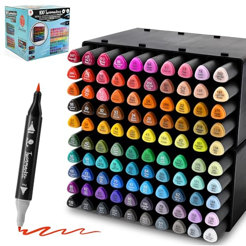 Decotime Twin Alcohol Markers with Stackable Alcohol Marker Storage Tray - 100 Dual Tip Fine & Brush Markers - Coloured Marker Pens for Adults, Kids - Quick Dry Art Supplies for Drawing & Colouring