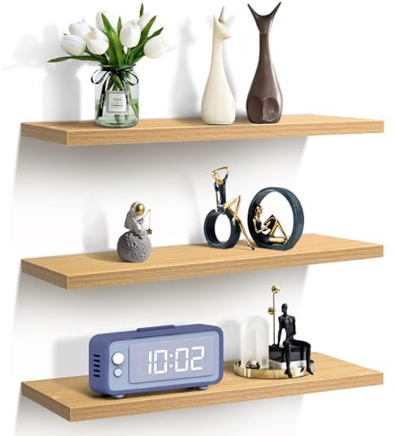 Sour Lemon Lot de 3 étagères flottantes en noyer clair de 40 cm, étagères pour mur, étagères fixées par vis, présentoirs muraux décoratifs et de rangement pour salon, chambre, cuisine
