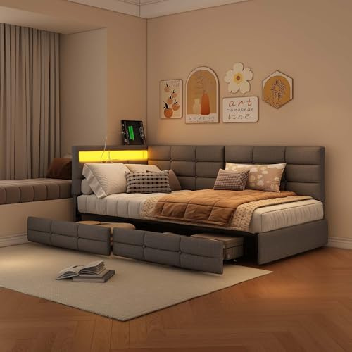 BRILVERDE Polsterbett 90x200 cm Einzelbett mit Stauraum, Schlafsofa mit 2 Schublade, Daybett mit LED und USB, Jugendbett mit Lattenrost, Leinen, ohne Matratze(Grau, 90 x 200 cm)