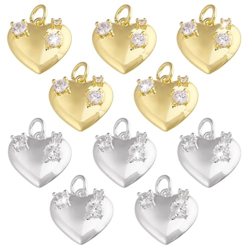 AHANDMAKER 10 stycken hjärthängen hjärthängen i mässing med 18 karat guld och sterlingsilver zirkonia kärlekshängare för smyckestillverkning halsband armband