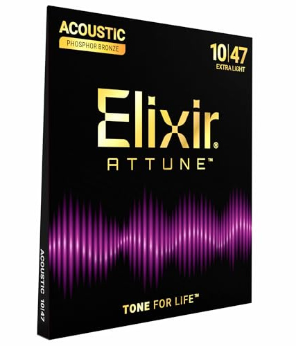 Elixir Strings, cuerdas para guitarra acústica ATTUNE, bronce fosforado, sonido nítido y claro de larga duración con tacto natural, juego de 6 cuerdas, Extra Light, 10-47