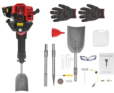Martello demolitore a benzina 52 CC 1900 W 55 J, 2 tempi con vanga + piccone + zappa piatta + imbuto + guanti + occhiali + serbatoio da 1,3 l, escavatore per scavo per costruzione, giardino