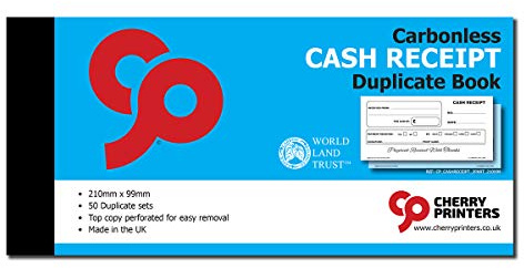 Cherry Printers | Carbonless Cash Receipt Book | Duplicate Receipt Book 2 Part | 210 x 99mm | 50 Sets | NCR Receipt Pad with Perforated Pages | Business Accounting Receipt Book | Made in the UK