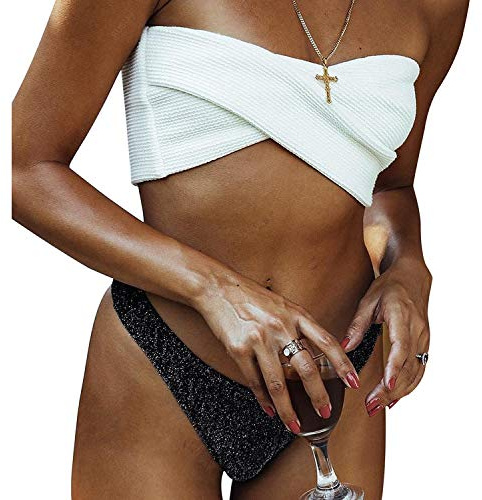 TSWRK Donna Sexy Mare Bikini Estivi a Due Pezzi a Fascia Motivo Costume da Bagno Imbottito Perizoma Gamba Alta Regalo
