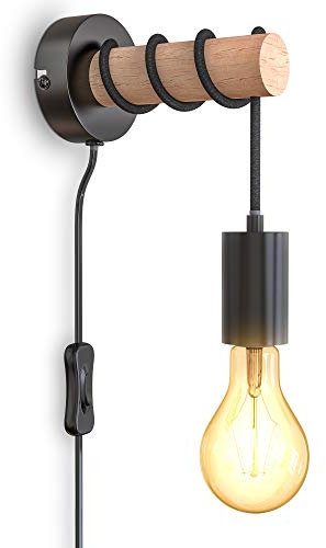 B.K.Licht Lampada da parete retrò in metallo e legno, interruttore sul filo, lampadina E27 non inclusa, applique vintage, design industriale, ideale per ambienti rustici e moderni, IP20