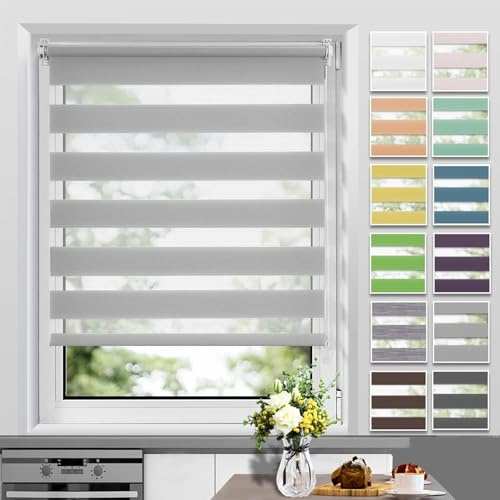 Allesin Doppelrollo Klemmfix ohne Bohren & mit Bohren, Duo Rollos für Fenster und Tür, Klemmrollo Fensterrollo lichtdurchlässig Sichtschutz, B35 x H120cm (Stoffbreite 35cm) Grau