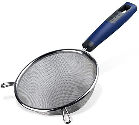 Tasty Wire Mesh Sieve with Long Handles and Support, Stainless Steel, Mesh Strainer for Washing and Sieving, Dishwasher Safe, Kitchen Gadgets, Colours, Dark Blue & Silver