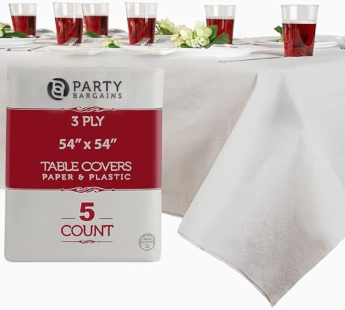 PARTY BARGAINS Disposable Table Covers 54 x 54 White – Heavy Duty Paper Plastic Blend Square Tablecloth for Parties & Events, 5 Count