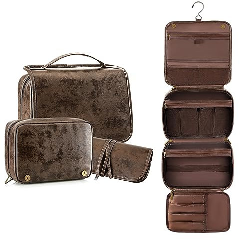 Elviros Kulturbeutel für Herren aus PU-Leder, kulturtasche zum aufhängen, 3 in 1 multifunktional abtrennbare kulturtasche, Waschtasche große wasserdichte Reise-Kosmetiktasche, 29.5x22x10 cm