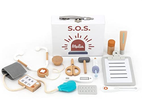 Arztkoffer für Kinder I 12-teilig personalisierbar mit Namen I Doktorkoffer mit Stethoskop, Spritze und Blutdruckmessgerät aus Holz I Spielzeug ab 3 Jahren