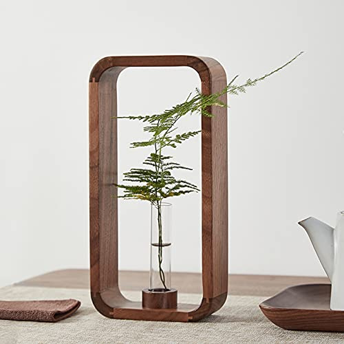 TREELF Transprent Glass Vase Test Tube Hydrophilic Plants Holder Walnut Wooden Frame Flower Stand Table Garden Bonsai Decor,Gifts for Women, Home Office Decor Planter (Big)