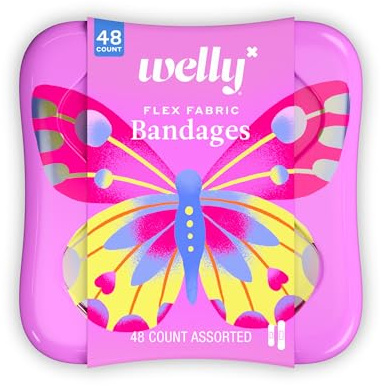Welly Bandages | Adhesive Flexible Fabric Bravery Badges | Assorted Shapes for Minor Cuts, Scrapes, and Wounds | Colorful and Fun First Aid Tin | Butterfly Patterns - 48 Count