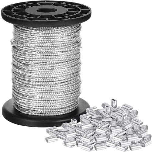 LOSYHU 1/16 Wire Rope 50m, 1.5mm Stainless Steel Garden Hanging Wire Cable Rope Heavy Duty 7x7 Strand Core, 167kg Breaking Strength with 100pcs Aluminium Crimp Loop Sleeve