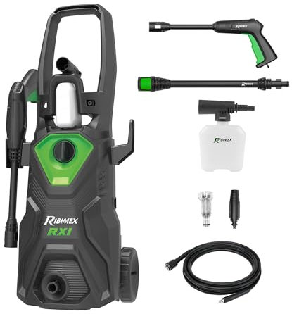 Ribimex Idropulitrice ad Alta Pressione RX1, 1400W, 110 Bar, 420 L/h, Getto Regolabile, Serbatoio Detergente 350 mL, Tubo da 5 m, Protezione IPX5, Arresto Automatico, Leggera e Compatta - PRNHP01