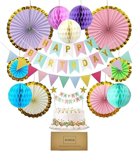 Pastel Birthday Decorations Set – Rainbow Birthday Decorations with Banner, Bunting, Paper Fans, Pom Poms, Honeycomb Balls & Cake Topper – Perfect Pastel Party Decorations for Girls & Women