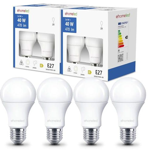ehomeled Bombillas LED E27 A60 luz fría 6500K, 470lm 3,4W(=40W), bombilla clásica ahorradora, ideal salón/dormitorio/oficina, paquete de 4