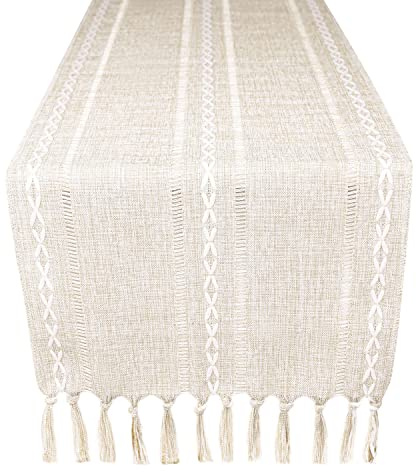 Yicorgard Linen Table Runner Rustic Farmhouse Style 33 x 160 cm, Striped Linen Cream Table Runner 60 Inches Long with Tassels for Dining Room Kitchen Reading Dresser Décor,Cream