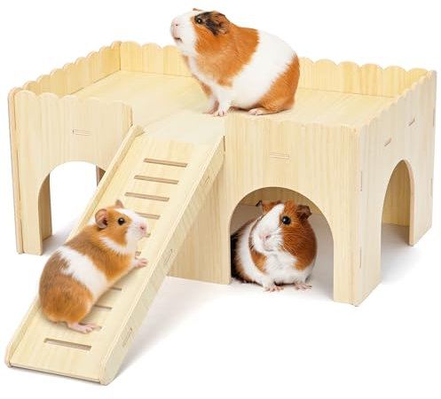 aleawol Großes Meerschweinchenhaus aus Holz, mit Rampe, abnehmbar, geeignet für Hamster, Igel und andere Kleintiere, 38 x 24 x 24 cm