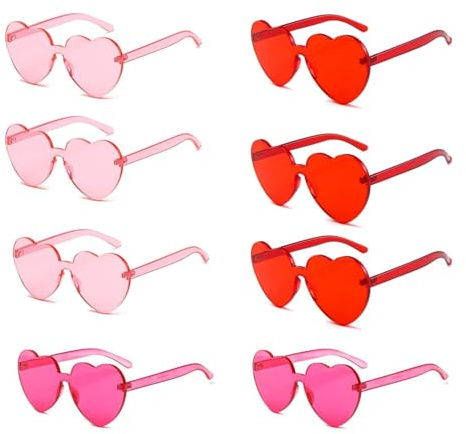Makoto Nobu Lot de 8 lunettes de soleil en forme de cœur, lunettes de soleil transparentes rouges et roses sans monture pour adultes et enfants