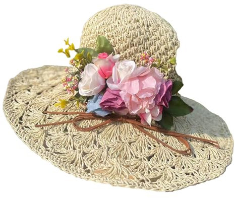 BrightGlow Damer brett brätte stråhatt sommar blommor solhatt mjuk vikbar sommarhatt anti-UV strandhatt teparty hattar damer virkad hatt av halm elegant slapphatt, Beige (månblomma), one size