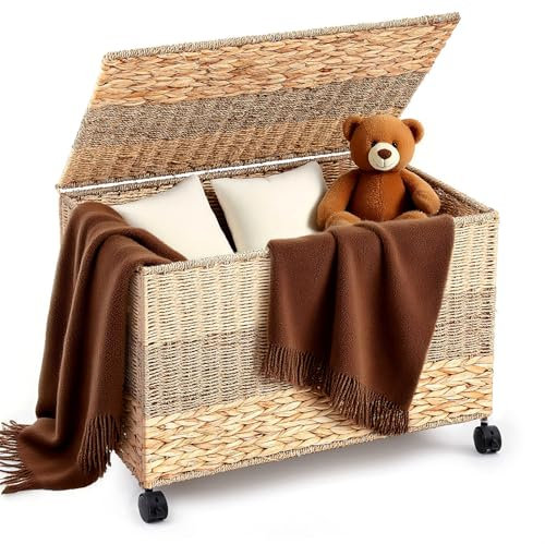 Cinnvoice Baule in vimini da 160 l, con ruote e coperchio, in giacinto d'acqua intrecciato, resistente, per camera da letto, lavanderia