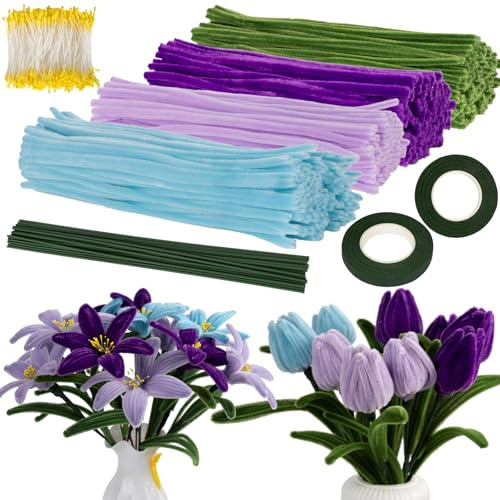 VOKABY 400 Piezas Limpiapipas Manualidades,4 Colores Limpia Pipas,400 Piezas de Estambres,20 Piezas de Alambre de Flores(Morado)