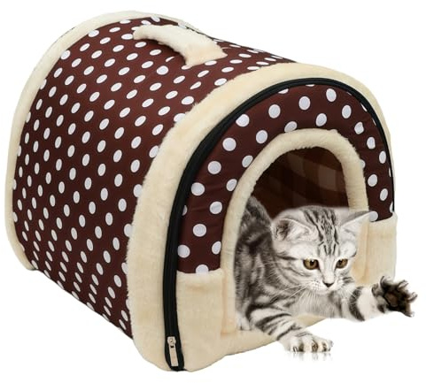 37*32*30cm Hundehütte Indoor, Hundehöhle Kleine, Katzen Höhlenbett mit Plüsch Katzenkissen, 2 in 1 waschbares Hundebett, Faltbares Haustierhaus für Kätzchen, Welpe, Kaninchen und Meerschweinchen