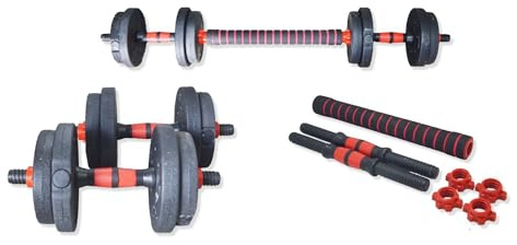 Set Manubri Componibili con Bilancieri, Pesi Regolabili da 10-30 kg, Include Barra di Connessione, Guanti e Collari di Sicurezza, Nero e Arancione (ROSSO, 15KG)