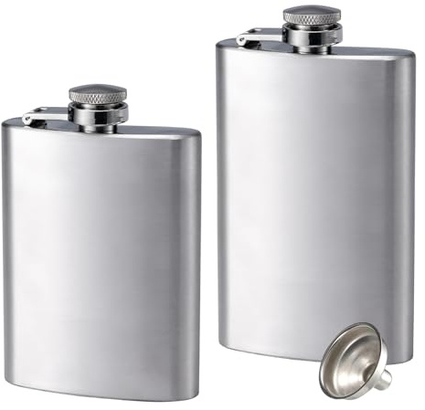 2 Pack Hip Flasks for Liquor,8 Oz & 12 Oz Stainless Steel Leakproof | Thin Flasks with Funnel for Men & Women (Silver)