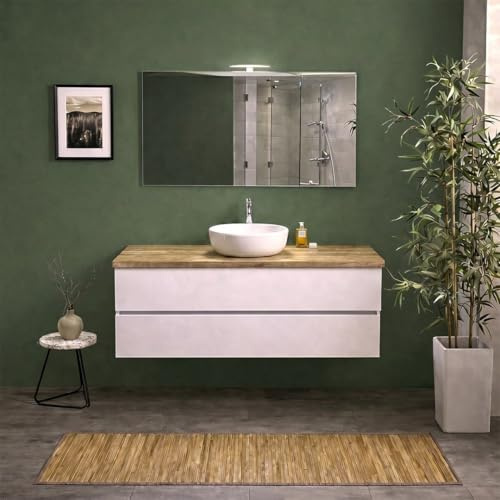 Kiamami Valentina - Mobile bagno sospeso 120cm con doppio cassetto, top rovere, specchio e lampada moderna