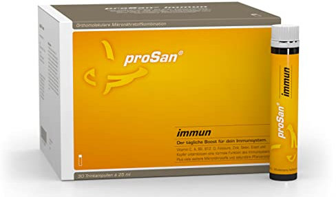 proSan Immun 30 Trinkampullen | der tägliche Boost für dein Immunsystem | vegetarisch & hochdosiert | Immunsystem unterstützen mit Vitamin C + viele weitere Vitamine, Mineralstoffe und OPC.