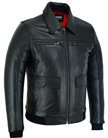 RUBSONS Veste Bomber Pilote en Cuir pour Homme, Style Caban, Doublure Rouge Matelassée, Fermeture Éclair