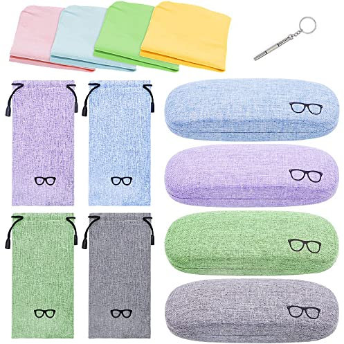JUMRHFAN 4er-Pack Brillenetui, Hartschalen-Sonnenbrillenetui mit Kordelzug, Reinigungstuch, Schraubendreher, tragbares Brillenetui für Damen und Herren