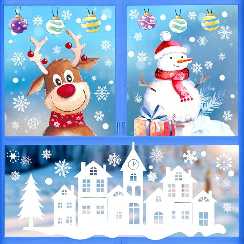 Aquarell Fensterbilder Weihnachten,Selbstklebend Weihnachtsfensterbilder Doppelseitig Fensterbild Weihnachten Wiederverwendbar, Kinder Fensterfolie Weihnachten Winter Static Fenster Fensteraufkleber